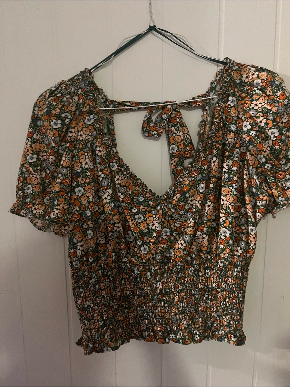 Floral Smocked Crop Top with Tie-Back - Green/Orange Floral